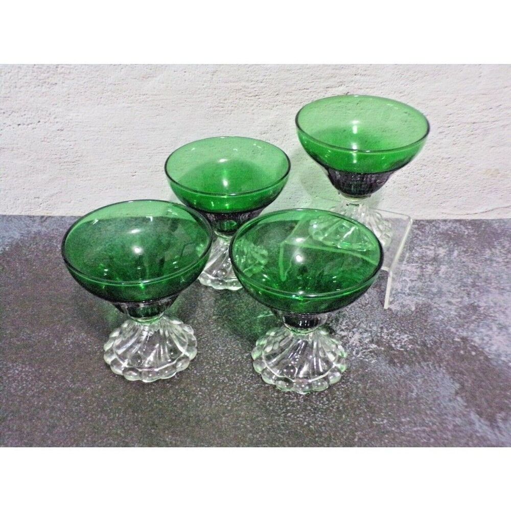 Anchor Hocking Emerald Green & Clear Footed Sherbert Cups Set of 4